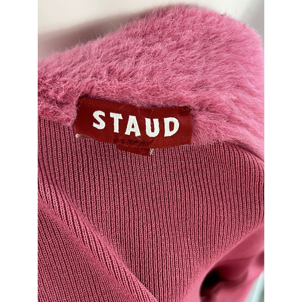Staud Pink Ribbed Knit Cardigan Sweater with Matching Faux-Fur Collar Size M - Picture 5 of 8